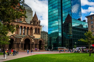 The John Hancock Building and Trinity Church at Copley Square in Boston, Massachusetts.