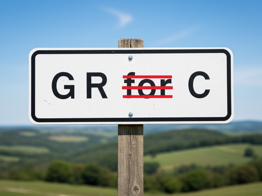 Road sign with "GR for C" with "for" struck through