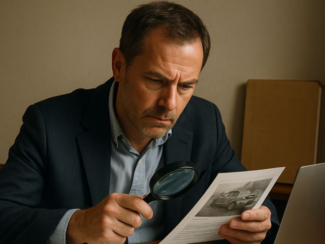 an insurance investigator seated at a desk, closely examining documents and evidence, with a laptop open beside them.